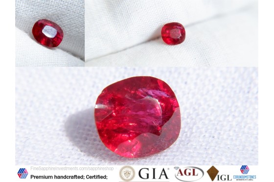 Ruby - Vivid Red - GIA Certified - 0.759 ct - Cushion Cut - Eye Clean