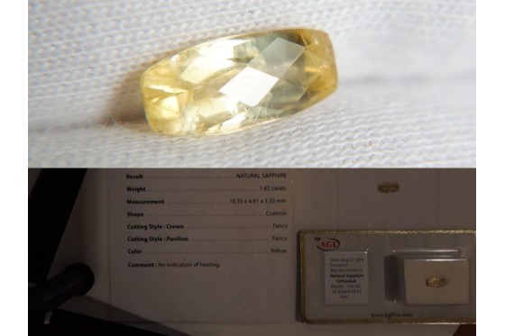 1.65 ct Yellow Sapphire - Unheated - AGL Certified - Cushion Cut - Premium