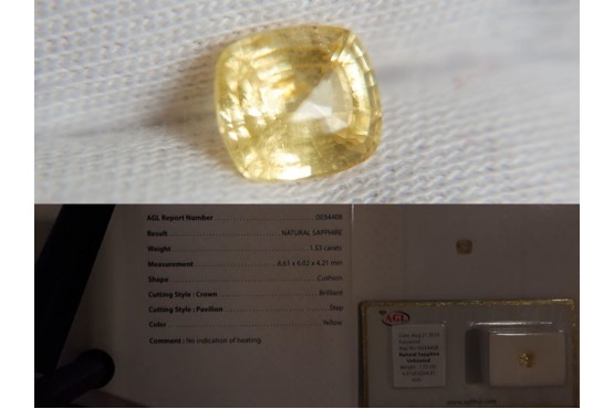 1.53 ct - Yellow Sapphire - Unheated - Cushion Cut - AGL Certified