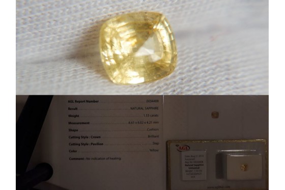 1.53 ct - Yellow Sapphire - Unheated - Cushion Cut - AGL Certified