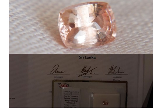 AGL Certified Padparadscha Sapphire - 1.18 ct - Unheated - Eye Clean - Cushion Cut