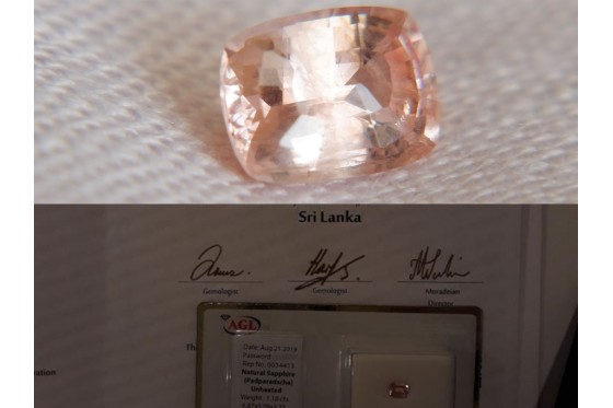 AGL Certified Padparadscha Sapphire - 1.18 ct - Unheated - Eye Clean - Cushion Cut