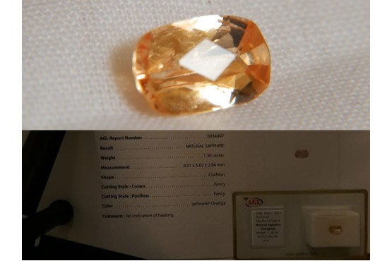 Unheated Orange Sapphire - 1.38 ct - AGL Certified - Checkerboard Cushion Cut