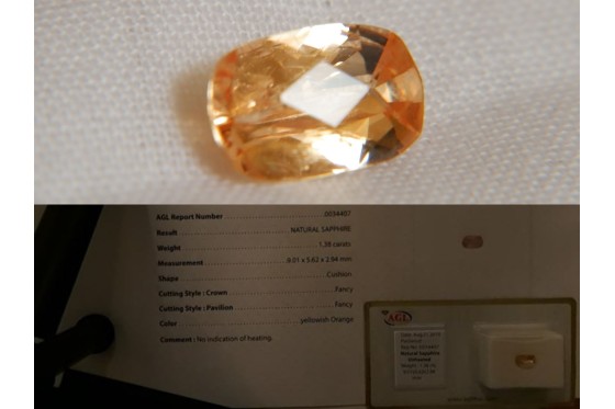 Unheated Orange Sapphire - 1.38 ct - AGL Certified - Checkerboard Cushion Cut