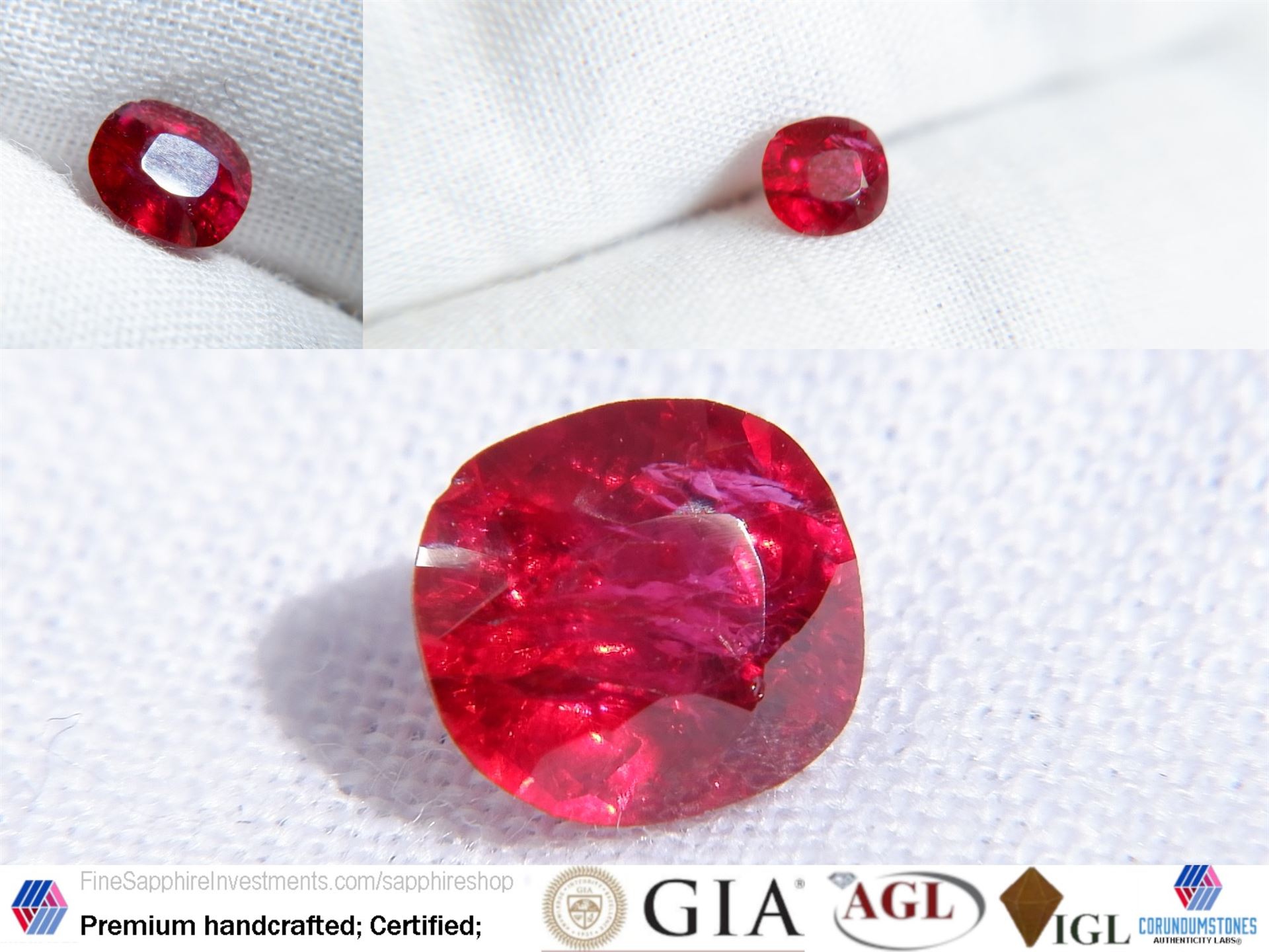 Ruby - Vivid Red - GIA Certified - 0.759 ct - Cushion Cut - Eye Clean