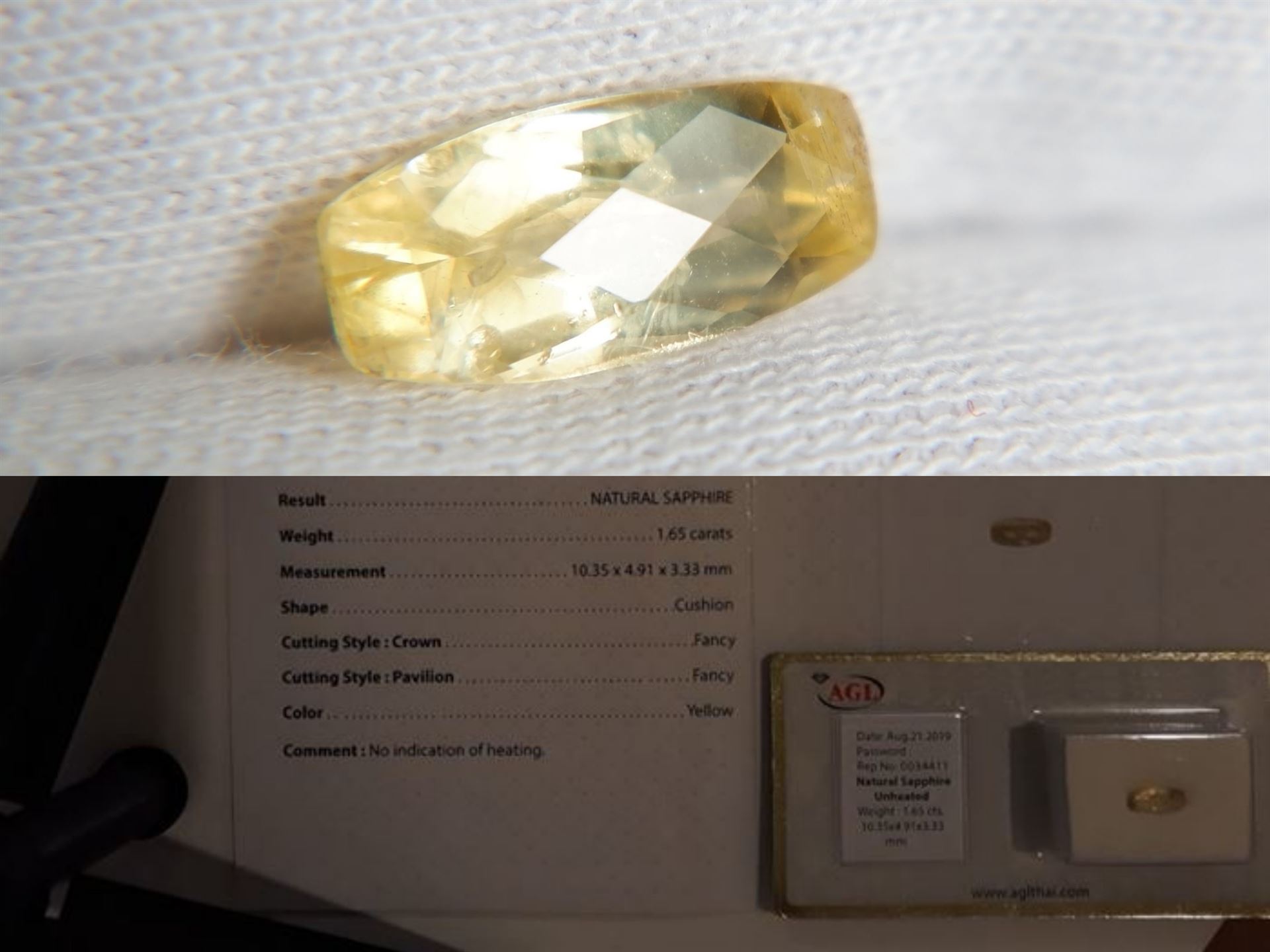 1.65 ct Yellow Sapphire - Unheated - AGL Certified - Cushion Cut - Premium