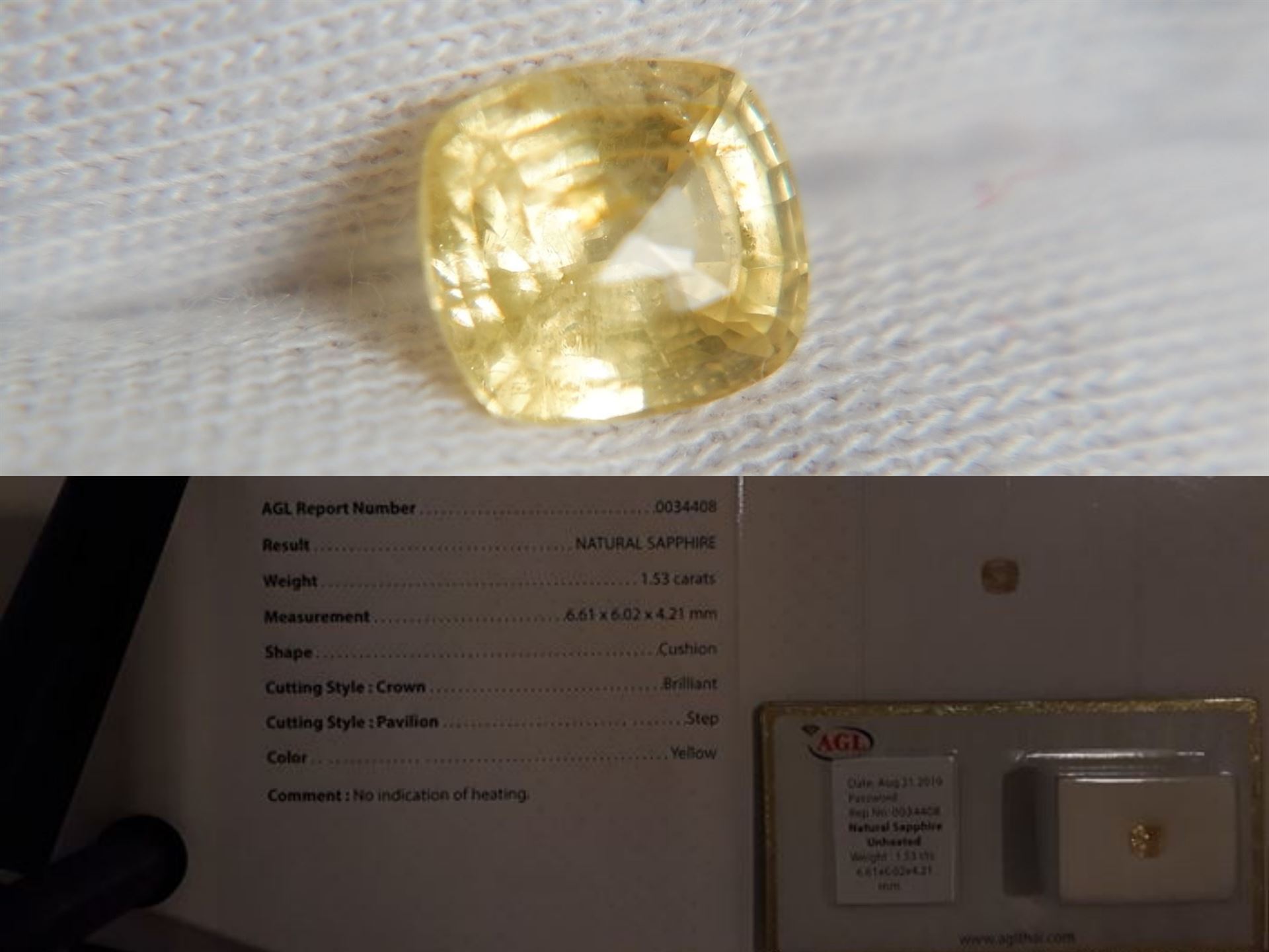 1.53 ct - Yellow Sapphire - Unheated - Cushion Cut - AGL Certified