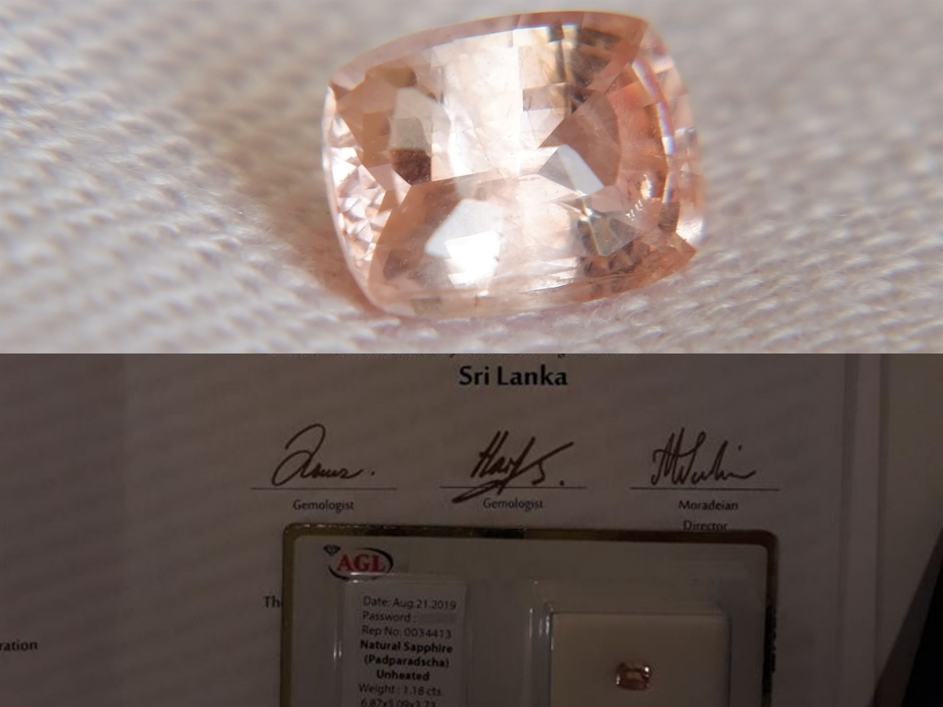 AGL Certified Padparadscha Sapphire - 1.18 ct - Unheated - Eye Clean - Cushion Cut