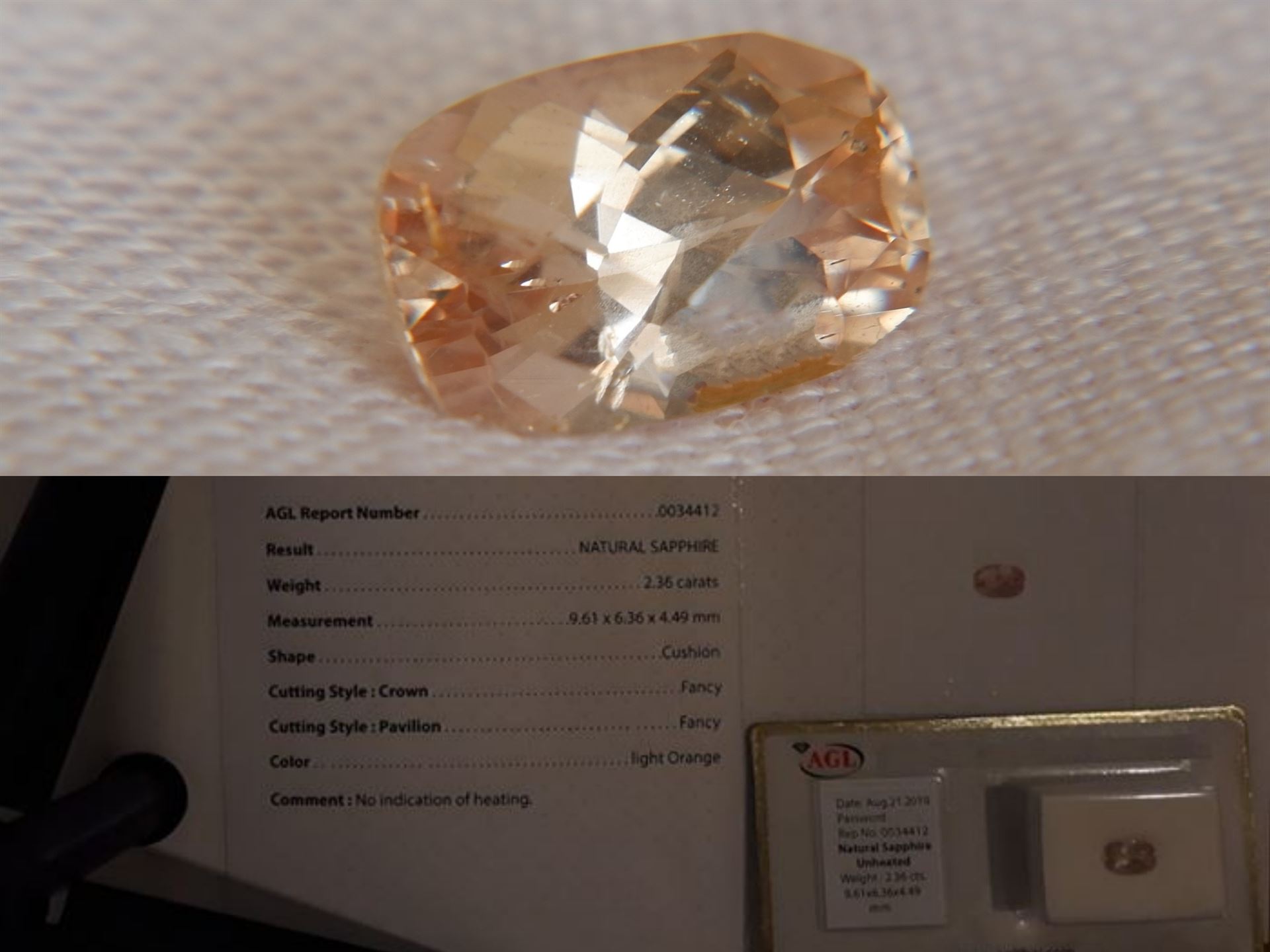 Peach Sapphire - 2.36 ct - AGL certified - unheated - cushion cut