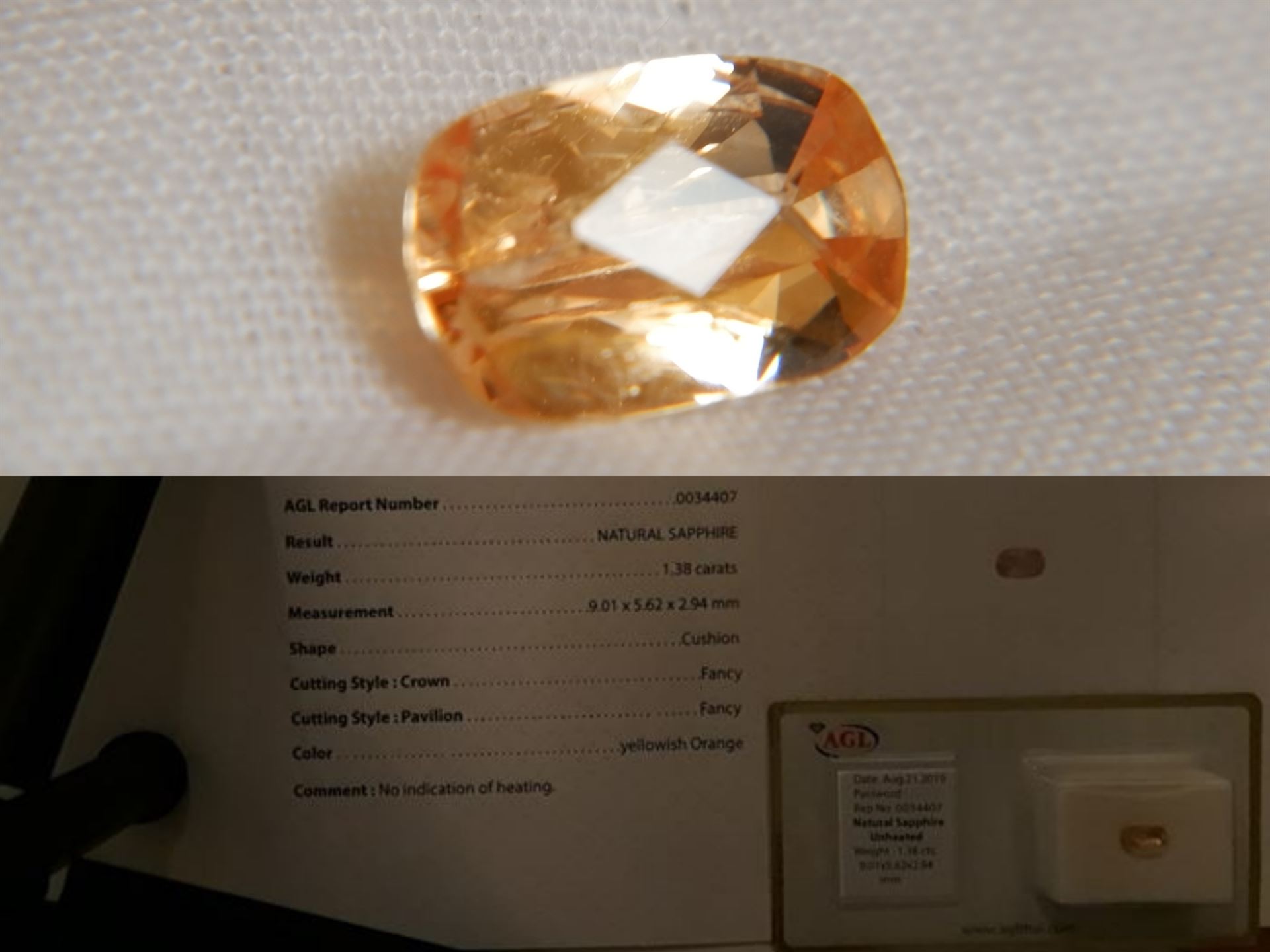 Unheated Orange Sapphire - 1.38 ct - AGL Certified - Checkerboard Cushion Cut